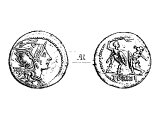 Denarius, silver, c 132 BC.   Left: &`;Rome&`;, and &`;*&`; indicating it is worth 10 copper coins, helmeted head of Minerva, goddess of Rome. 